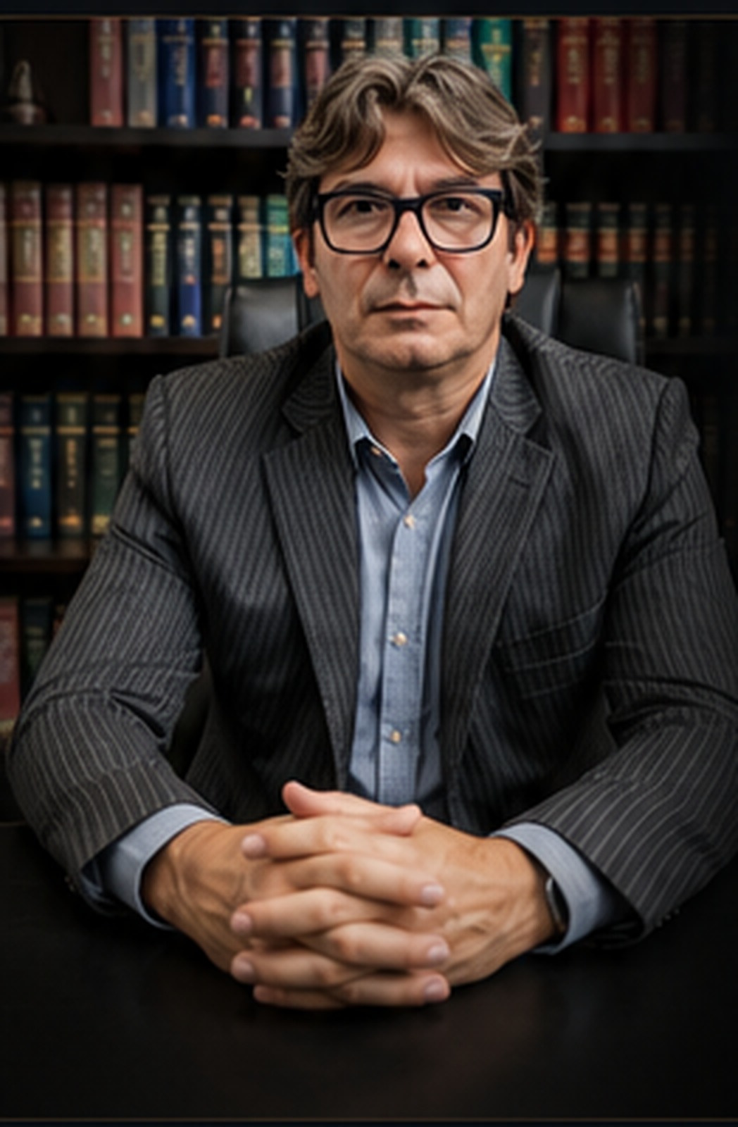 Marcelo Diniz em seu escritório, diante da biblioteca jurídica